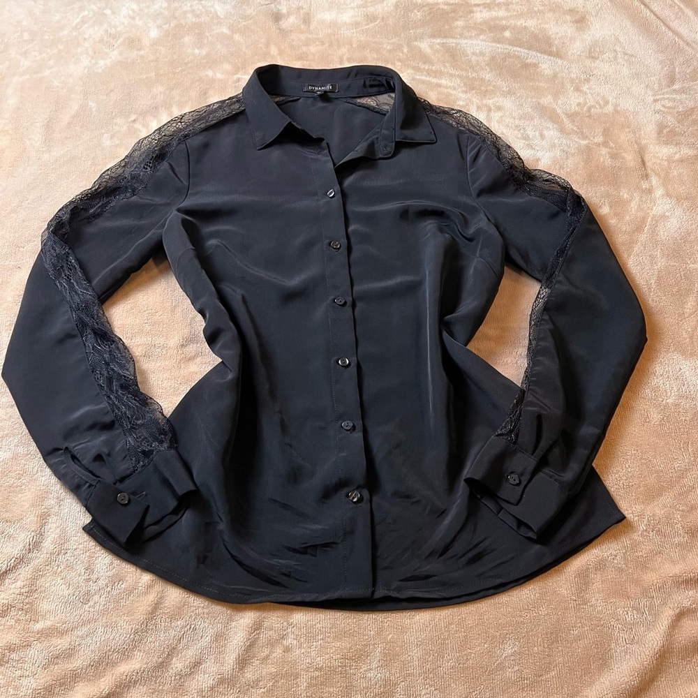 DYNAMITE Black Silky Satin Button-Down Whimsigoth Lace Sleeve Blouse - Size XS